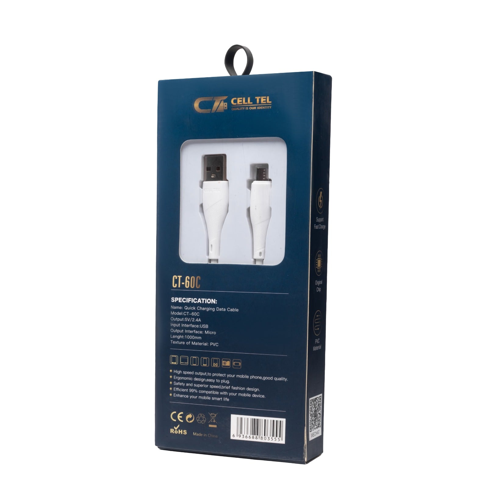 كابل Cell Tel PVC سريع لأجهزة Android، 2.4 أمبير، أبيض - CT-60C كابل Cell Tel PVC سريع لأجهزة Android، 2.4 أمبير، أبيض - CT-60C